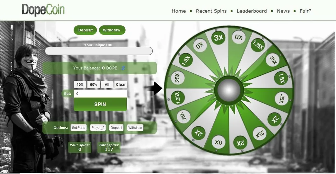 The DopeCoin spin wheel, a community game using DOPE